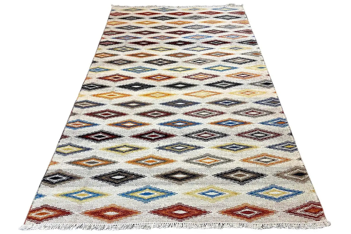 Rectangular kilim dhurrie rug with zigzag and diamond bands in blue, red, and gray
