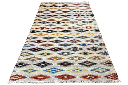 Rectangular kilim dhurrie rug with zigzag and diamond bands in blue, red, and gray