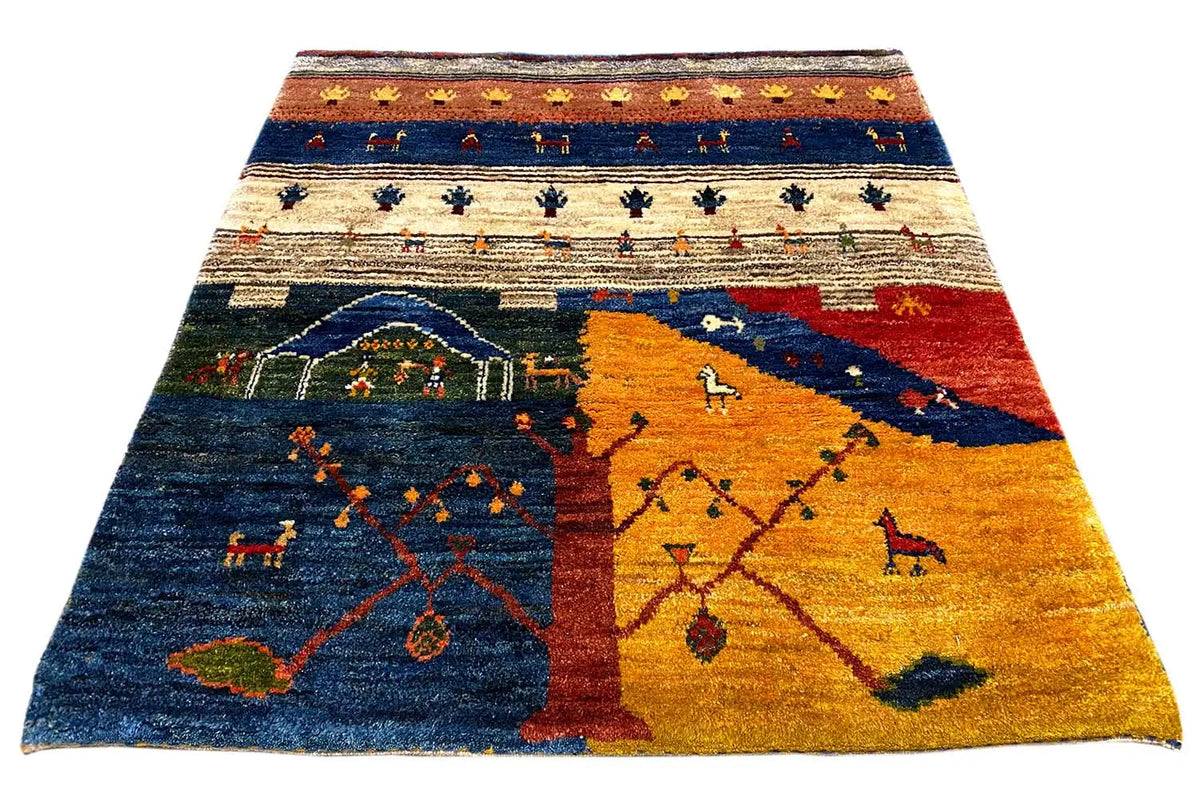 Gabbeh Lori rug with an abstract animal and tree motif, multicolored