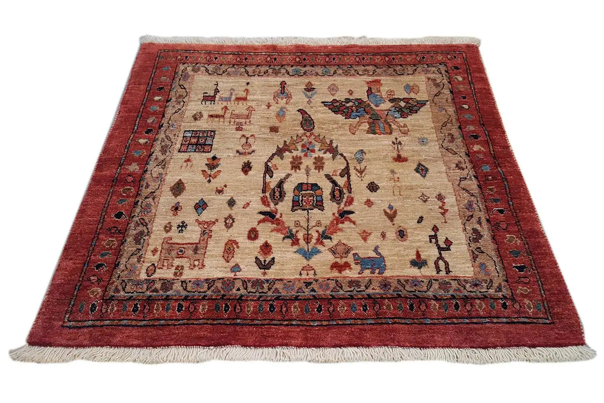 Classic rectangular Oriental rug with a beige background and red border, centered pattern.