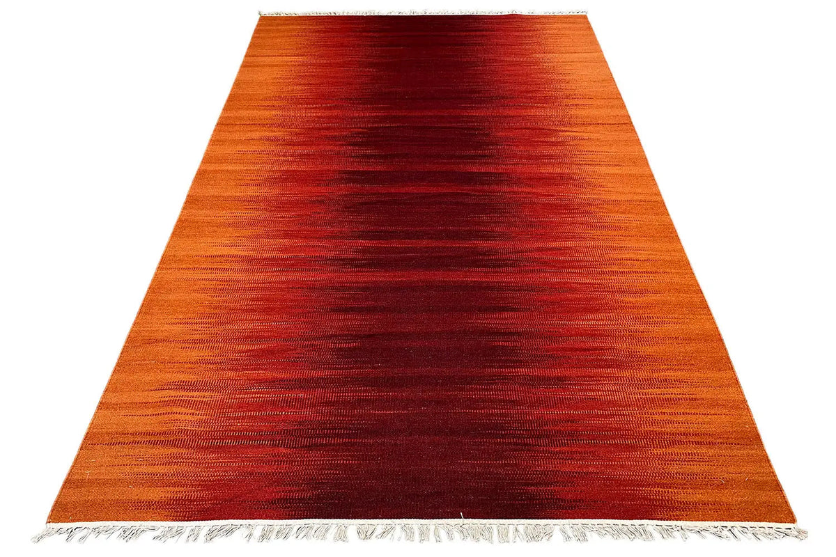 Modern kilim dhurrie rug, orange-brown, striped dark red, with fringes