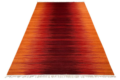 Modern kilim dhurrie rug, orange-brown, striped dark red, with fringes