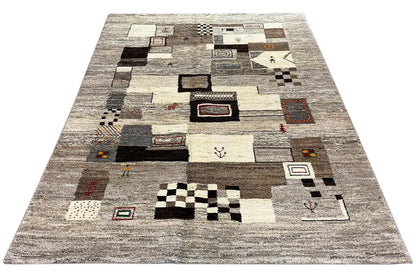 Gabbeh rug with central squares and patchwork in gray/beige, rectangular