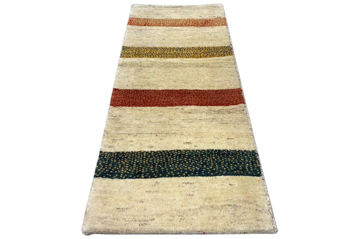 Landscape-format Gabbeh rug with stripes in beige, red, dark green, and brown