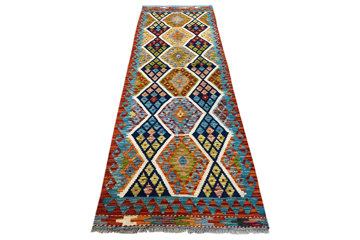 Afghan kilim runner 237×83 cm with geometric border pattern, multicolored