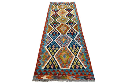 Afghan kilim runner 237×83 cm with geometric border pattern, multicolored
