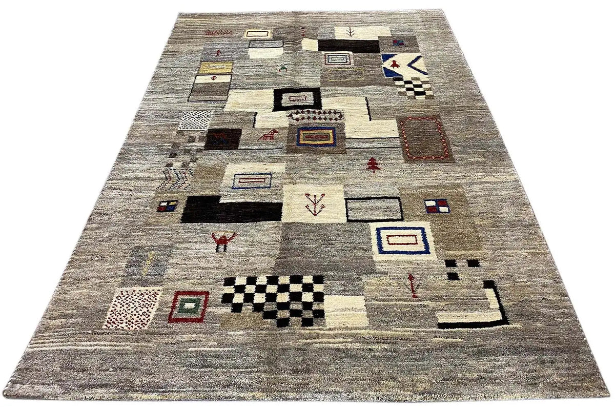 Gabbeh rug 210x150 cm, overall view from the perspective: gray with colorful symbols