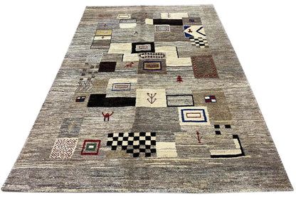 Gabbeh rug 210x150 cm, overall view from the perspective: gray with colorful symbols
