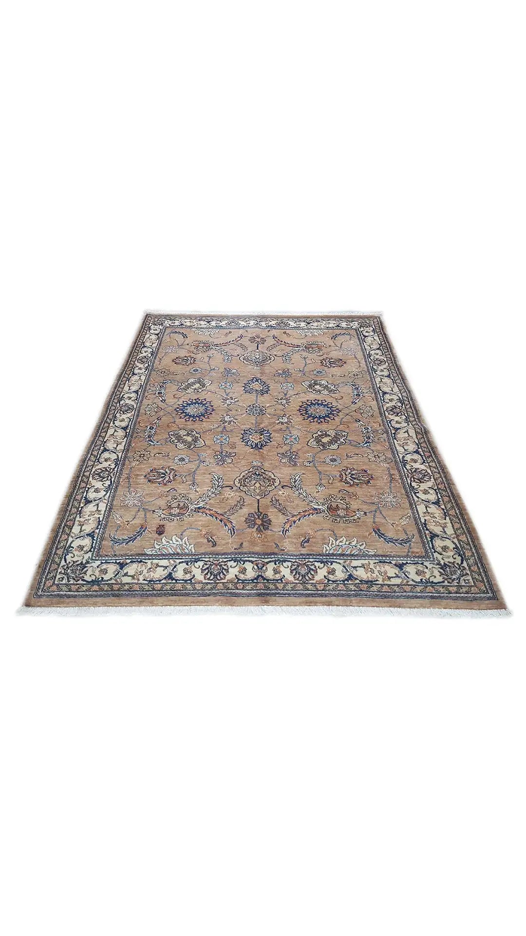 Beige rug with blue border design and central medallion, rectangular