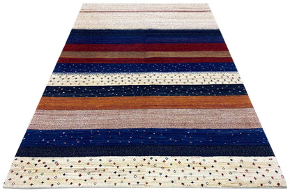 Gabbeh rug, laid diagonally: multicolored horizontal stripes and a dotted border