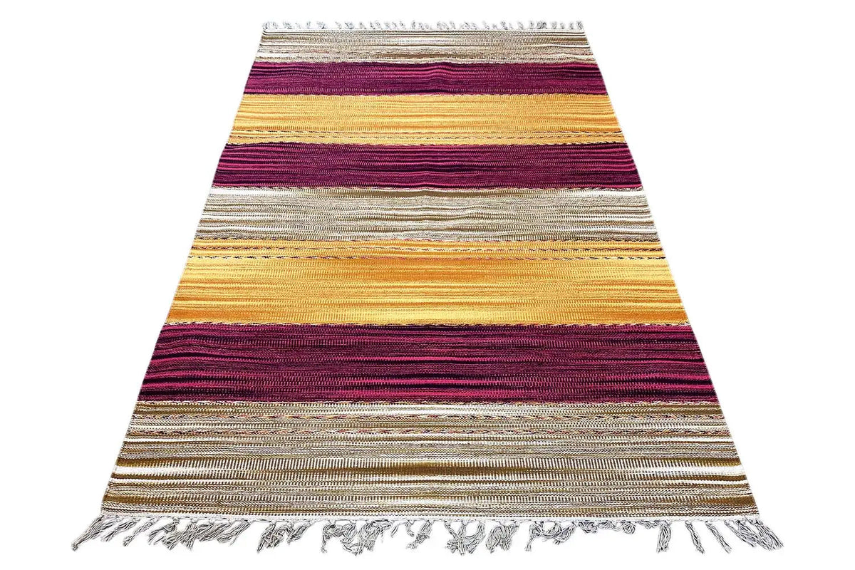 Rug with horizontal stripes in cream, yellow, gray, and Bordeaux, Samak, fringes