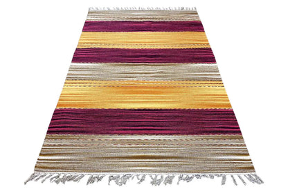 Rug with horizontal stripes in cream, yellow, gray, and Bordeaux, Samak, fringes
