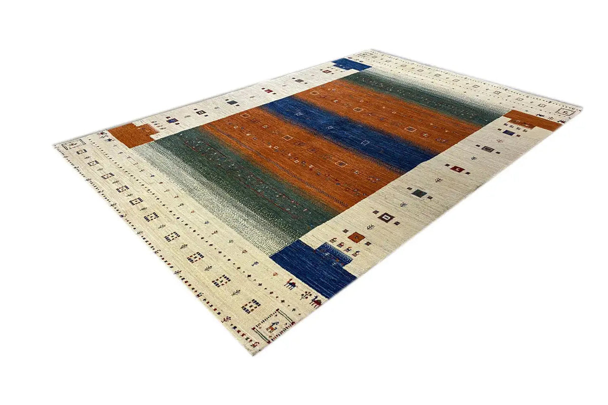 Gabbeh rug in three-quarter view, cream-colored border with a square pattern