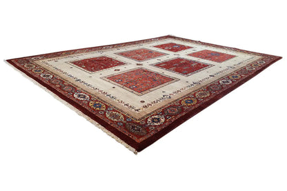Rug with a cream-colored background, red and blue tile motifs, and a wide border