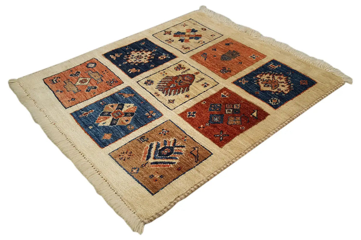 Qashqai exclusive rug with square ornamental panels in blue, red, and beige