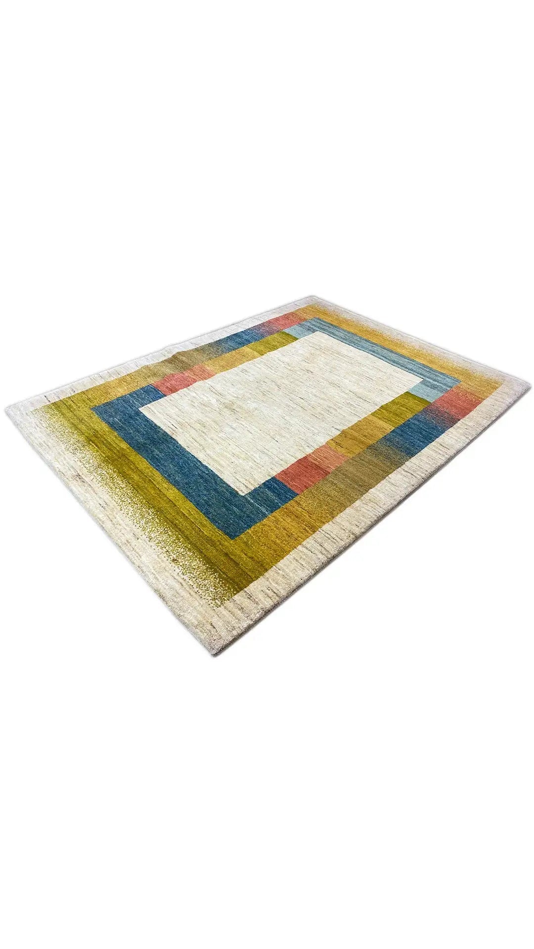 Gabbeh rug in a diamond pattern: centered color block surrounded by stripes in blue, yellow, and red.