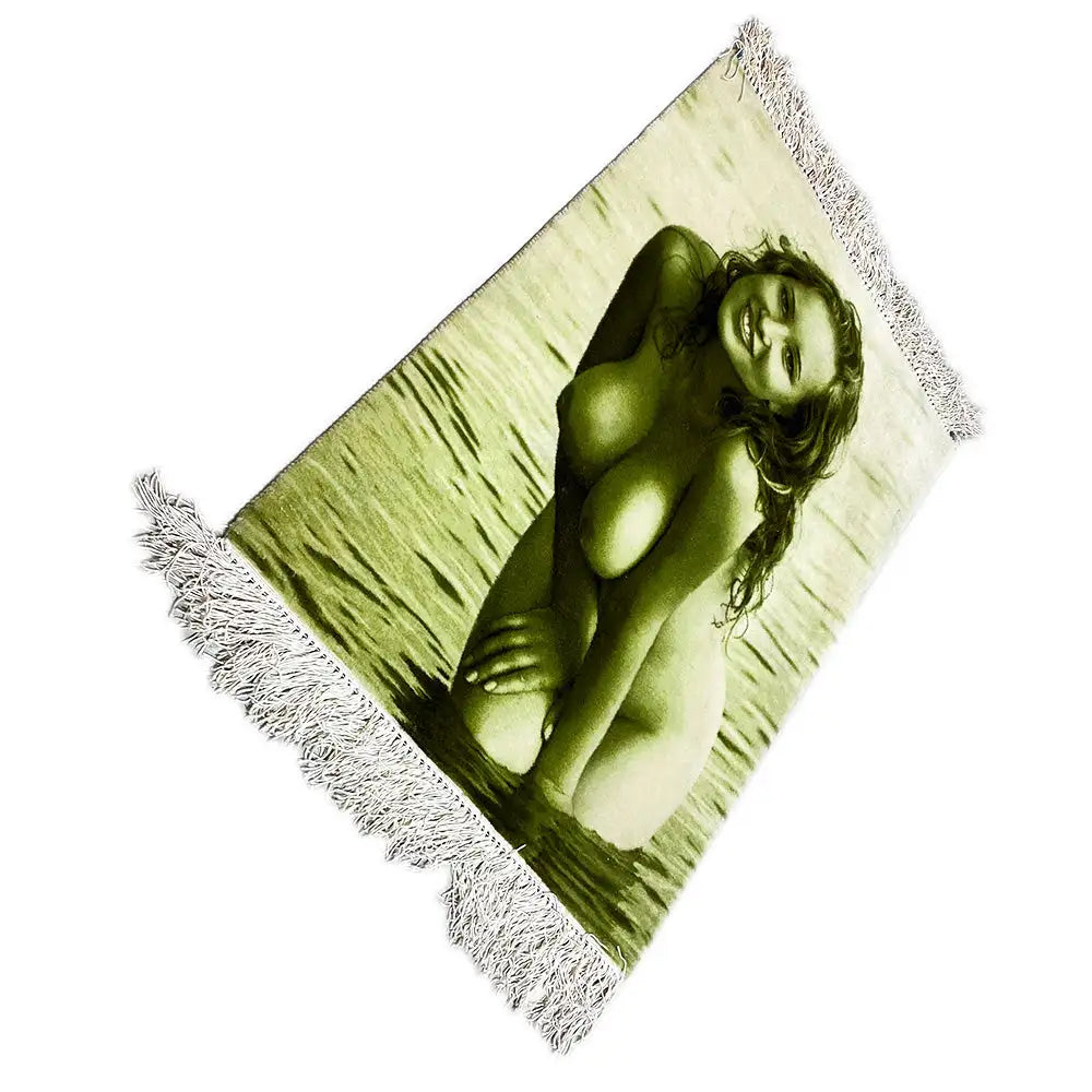Picture tapestry with a photo of a woman at the beach, diagonal, light green, fringes