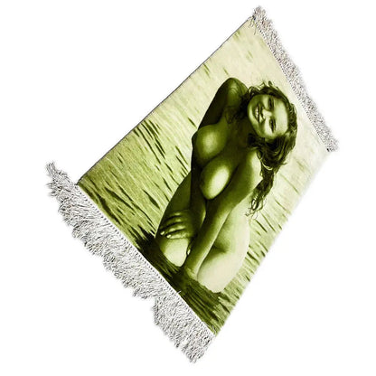 Picture tapestry with a photo of a woman at the beach, diagonal, light green, fringes