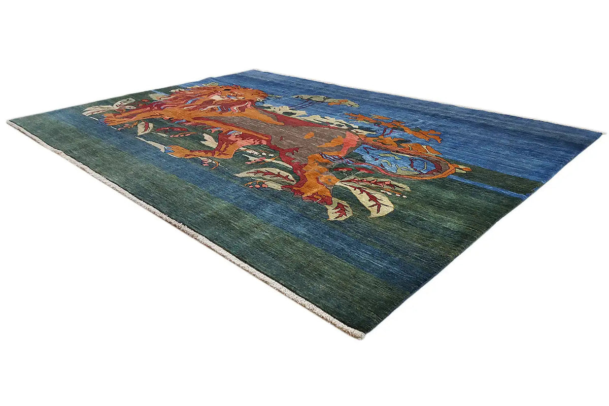 Rug corner with dark teal and a colorful animal motif, plus a contrasting border