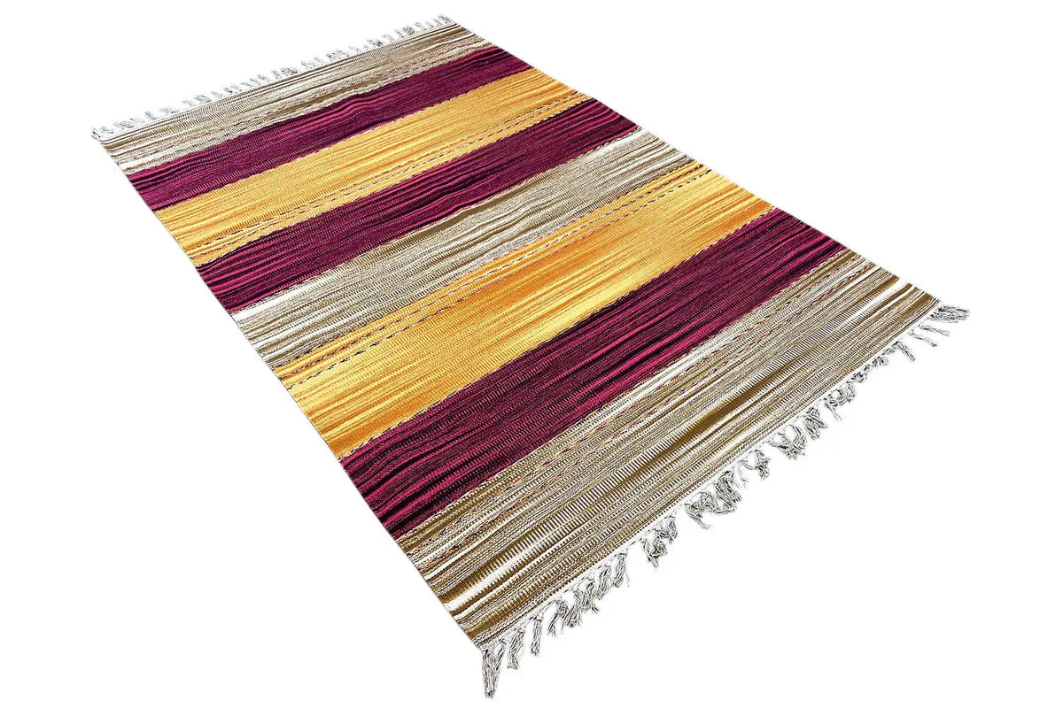 Kelim in a striped pattern, Samak weave, cream-yellow-gray, Bordeaux accents, fringe
