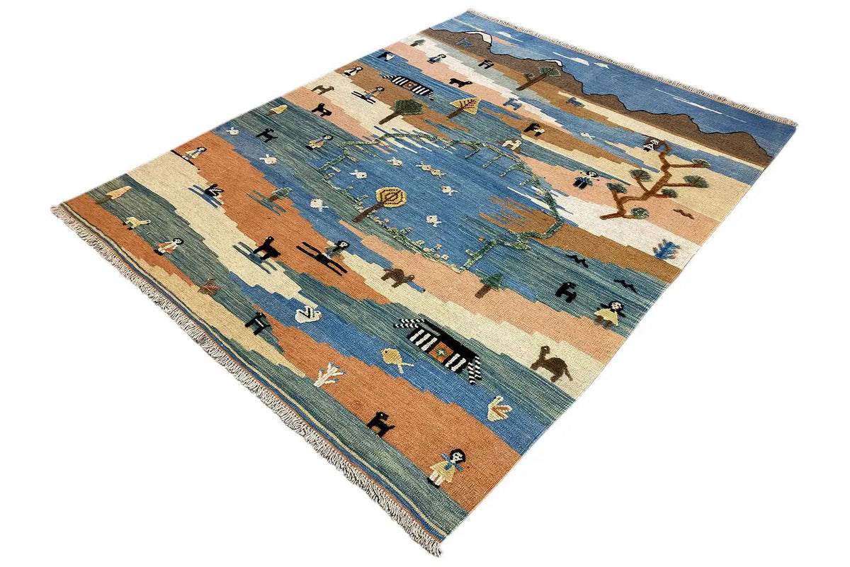 Kilim Qashqai rug: angled view with figures, animals, and paths in blue, beige, and brown