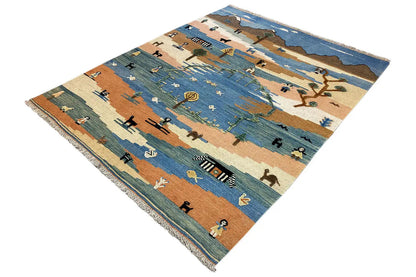 Kilim Qashqai rug: angled view with figures, animals, and paths in blue, beige, and brown