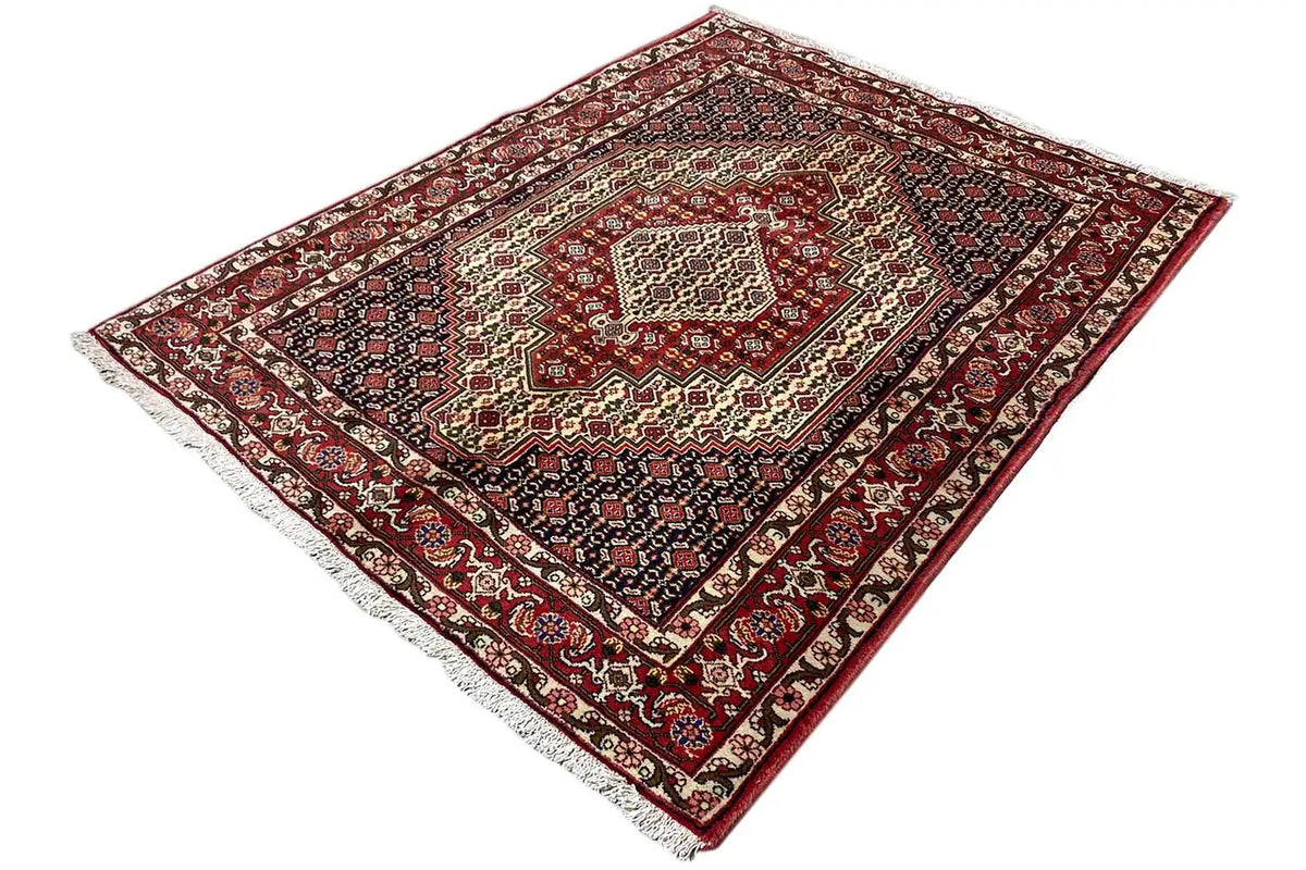 Hamadan rug stretched out: dark blue field with a red medallion and border