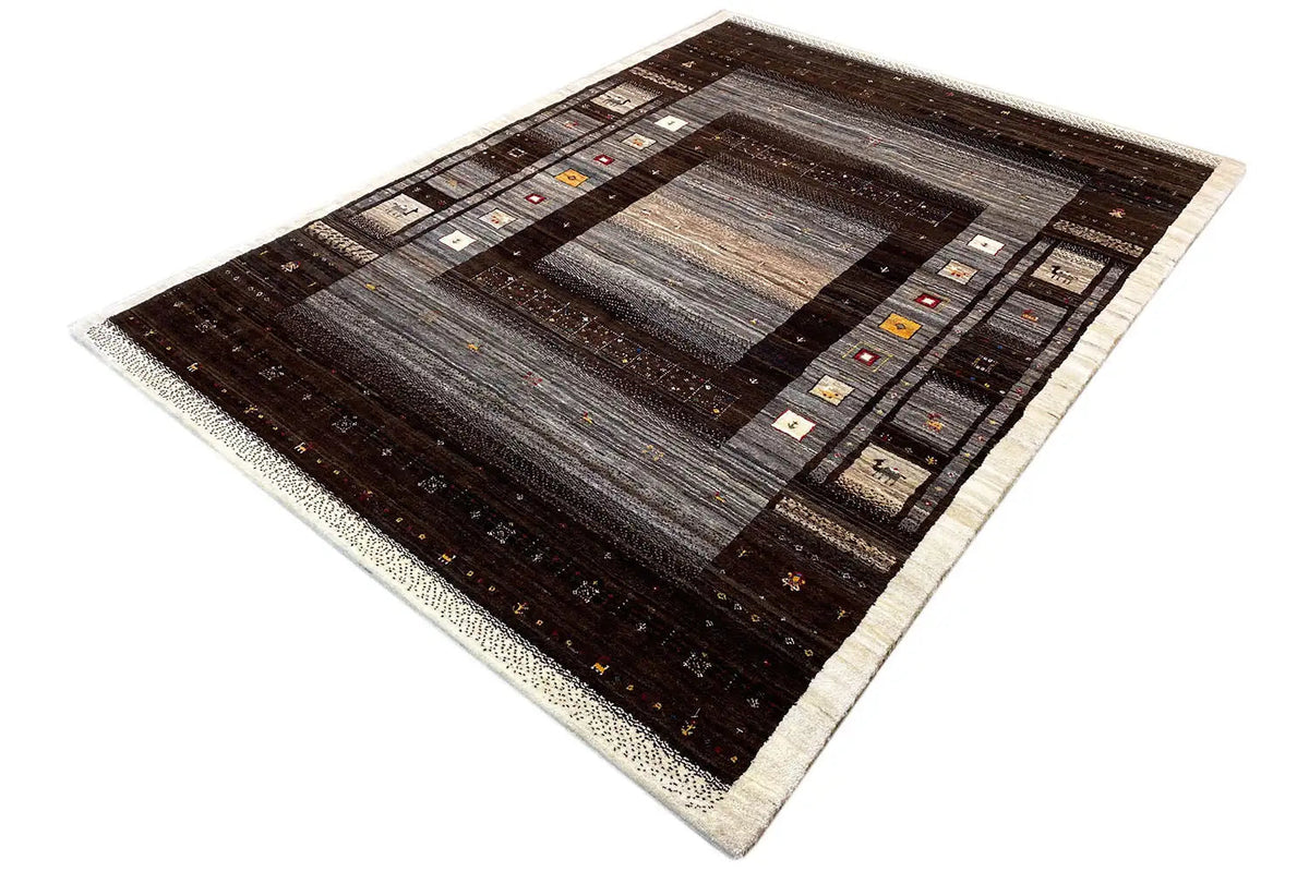 Gabbeh rug in a square design, dark brown and gray tones with a beige border
