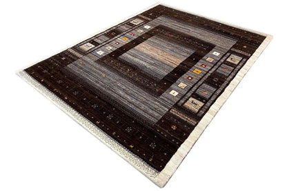 Gabbeh rug in a square design, dark brown and gray tones with a beige border