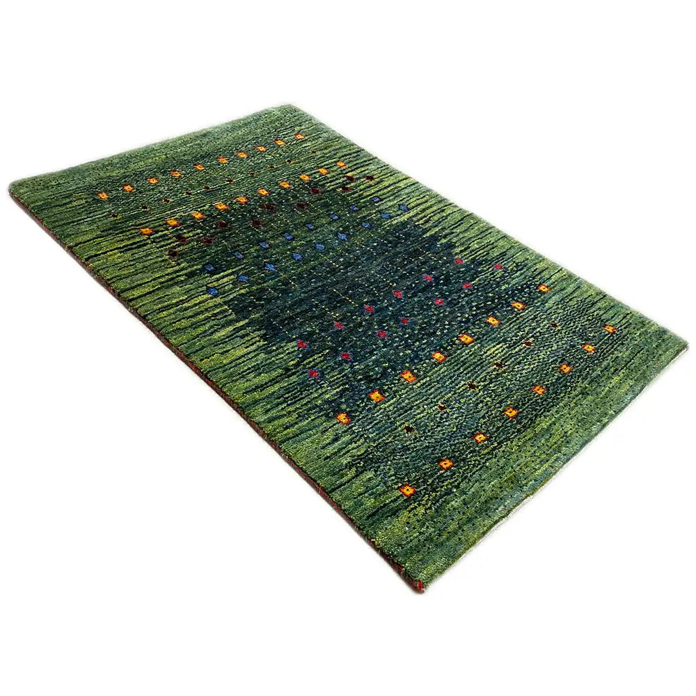 Lori Gabbeh rug, rectangular, green with multicolored, fine rows of patterns, 95x61 cm