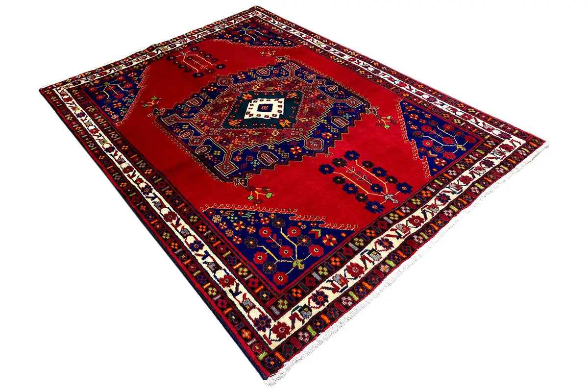 Rug in angled view: red center with a blue pattern, multicolored border