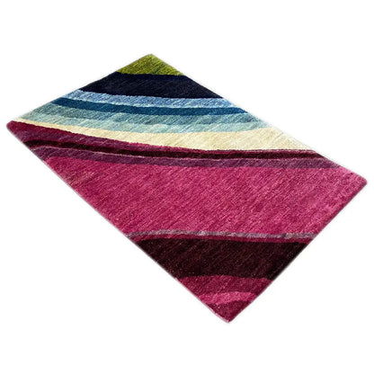 Gabbeh rug with diagonal stripes in pink, cream, blue and dark green