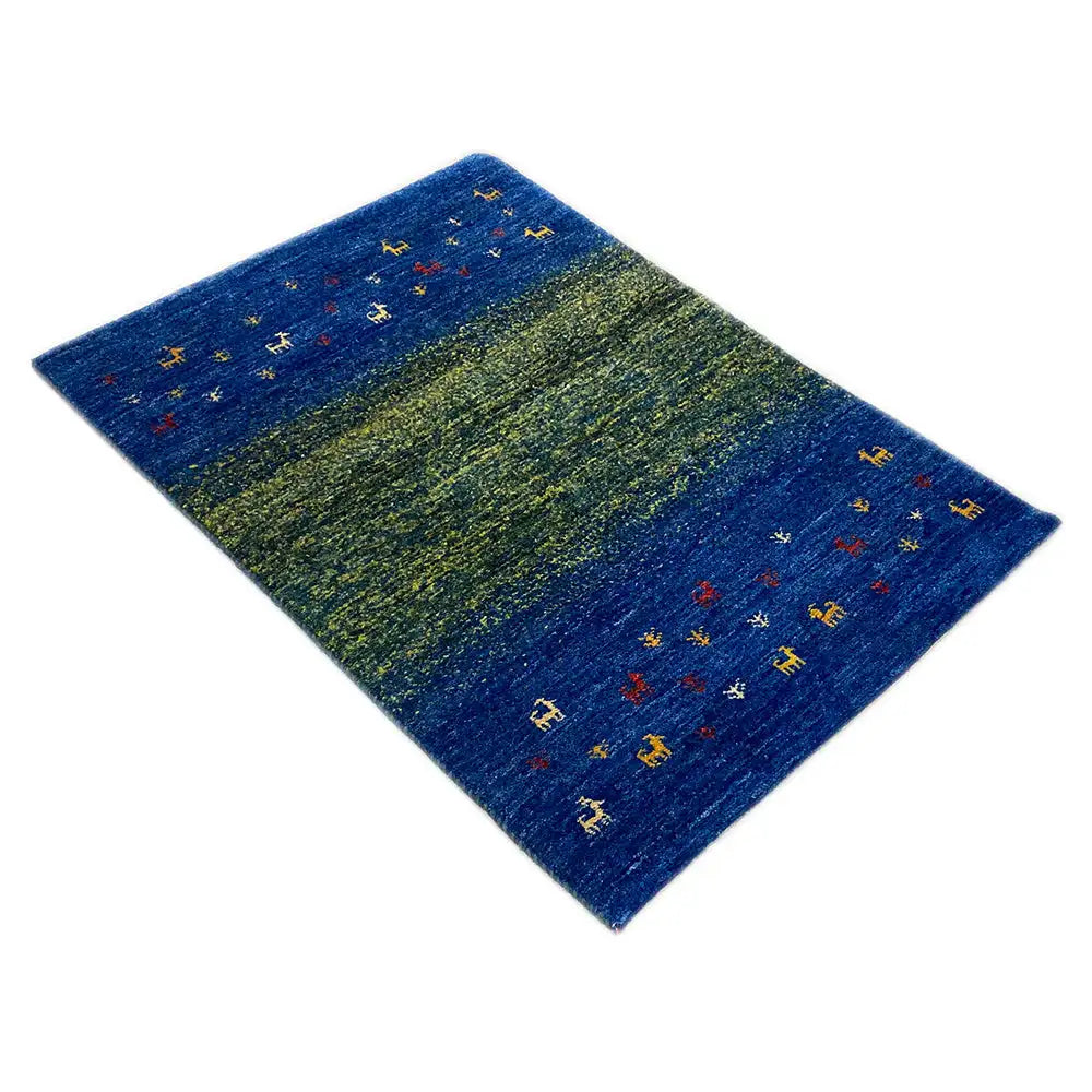 Gabbeh rug, horizontal: blue-green gradient with colorful animal figures