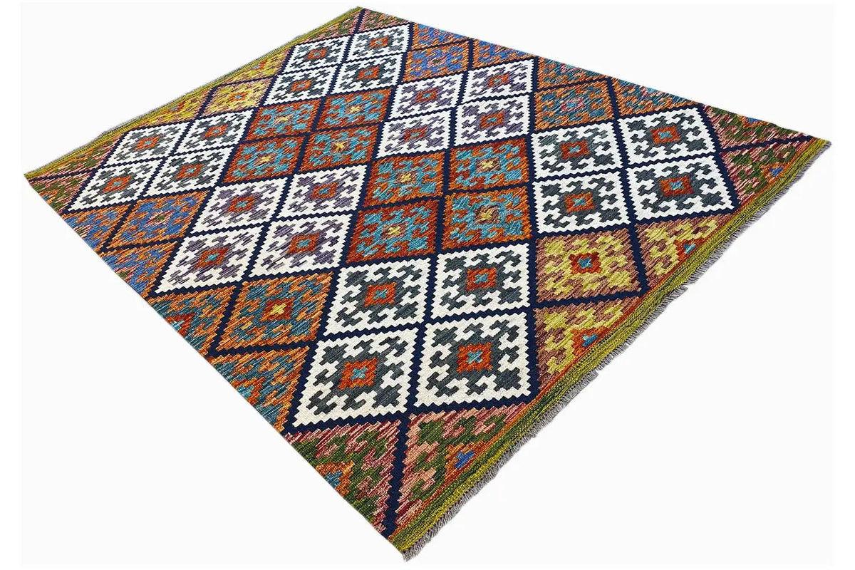 Kilim rug with multicolored patchwork squares and star motifs