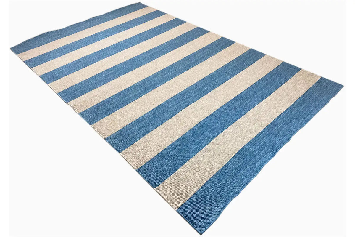 Kilim rug, laid diagonally, blue-beige striped pattern