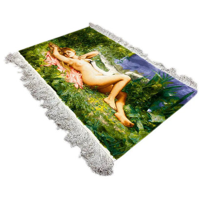 Pictorial tapestry with fringes, square motif of a nude woman among leaves, approx. 115×68 cm