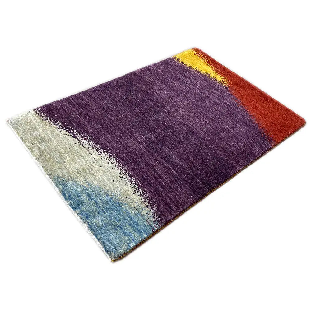 Gabbeh rug with a purple field, yellow-red stripe, and blue-white border gradient