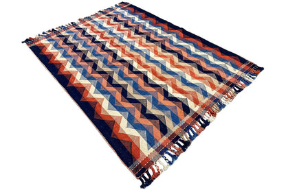 Rug with a diamond zigzag design, blue-orange pattern, with fringes