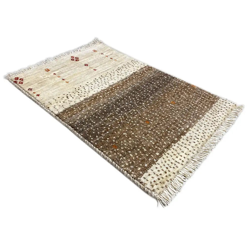 Gabbeh rug 59x41 cm, flat-woven, brown-beige central stripe, fringes along the edge