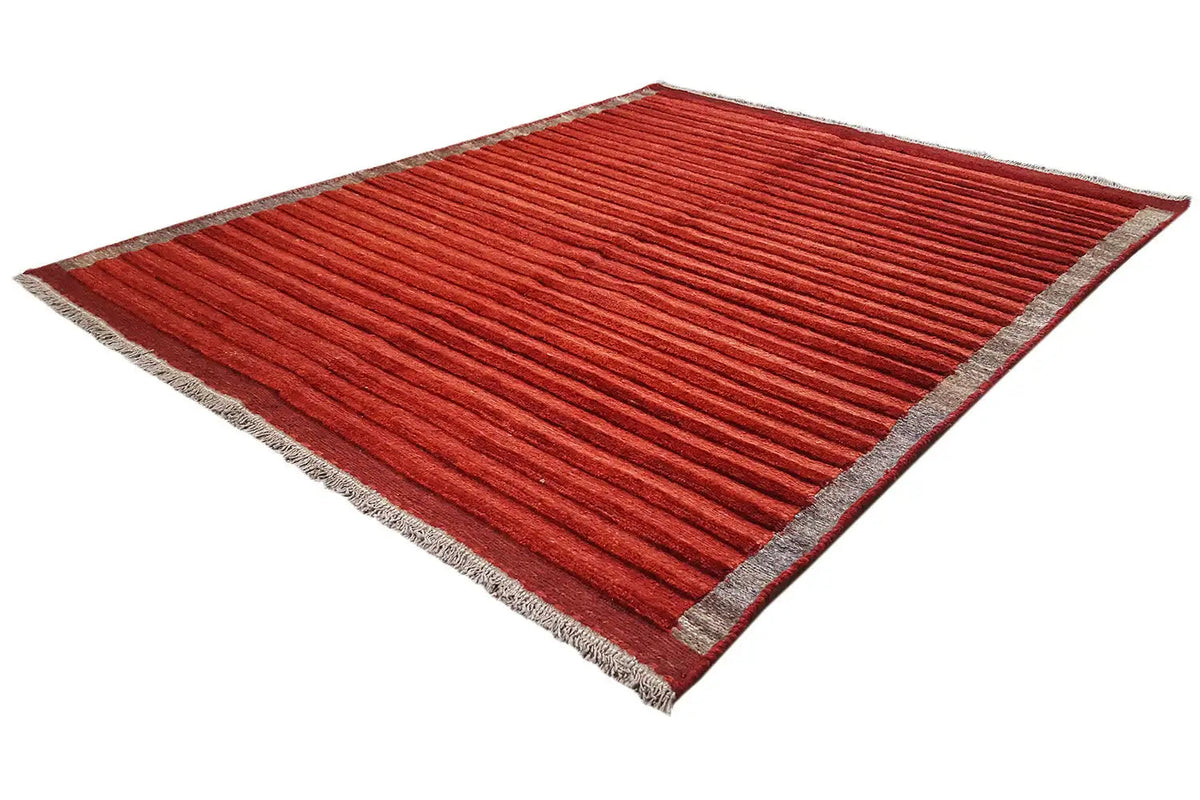 Rectangular rug in reddish brown with a gray border and evenly spaced stripes