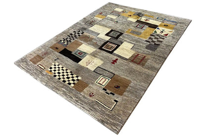 Gabbeh rug 204x153 cm, diagonal view with block patterns and lines in beige