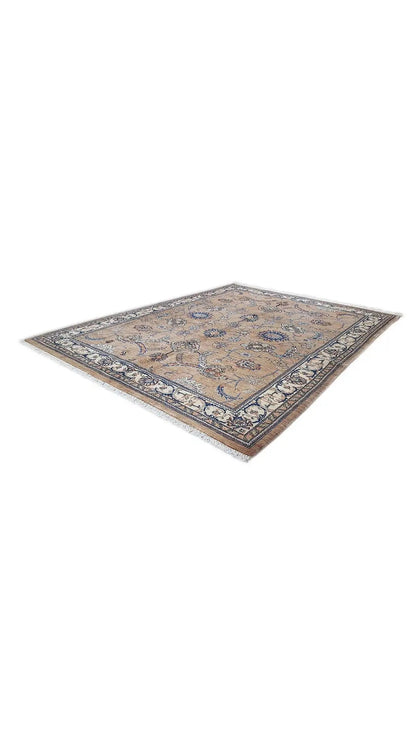 Rectangular beige rug with a blue pattern and floral border, angled