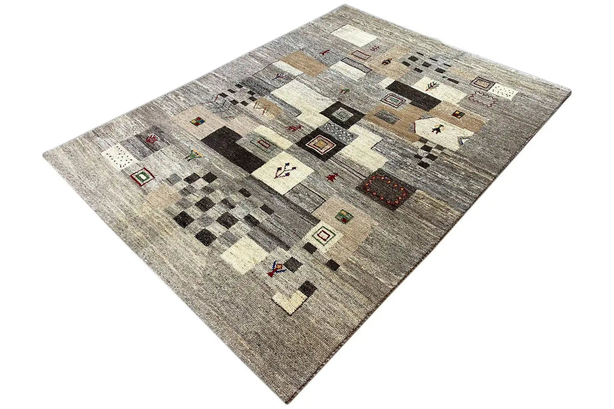 Gabbeh rug 204x150 cm with a square patchwork pattern, gray and beige.