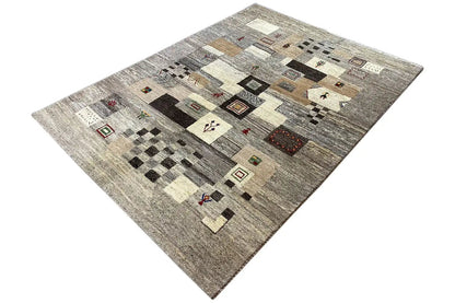 Gabbeh rug 204x150 cm with a square patchwork pattern, gray and beige.