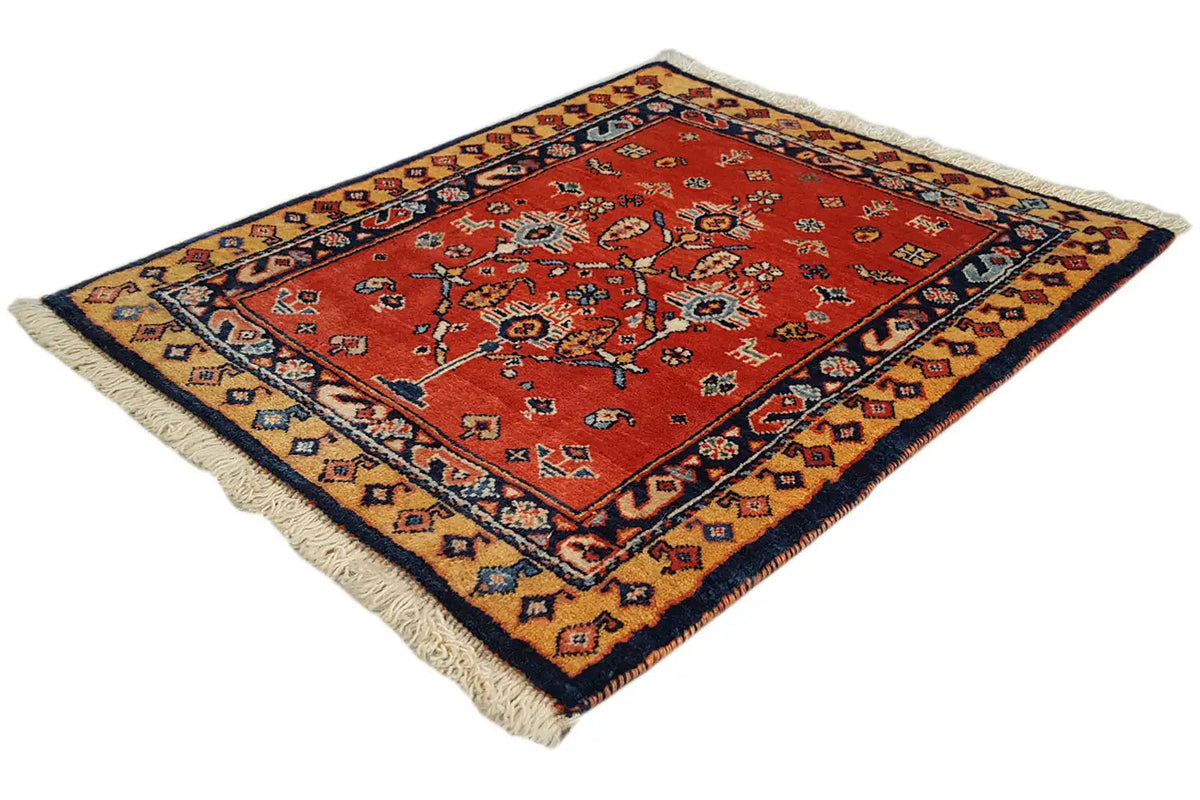 Oriental rug 60x51 cm, red field with ornaments, dark blue border and fringes