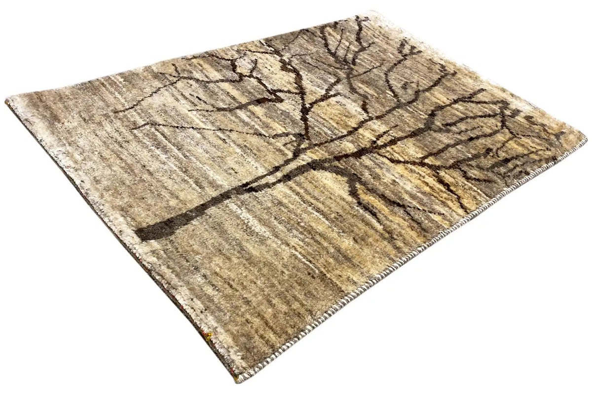 Gabbeh rug with tree motif and linear ornaments, beige pile with dark accents