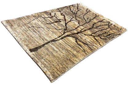 Gabbeh rug with tree motif and linear ornaments, beige pile with dark accents