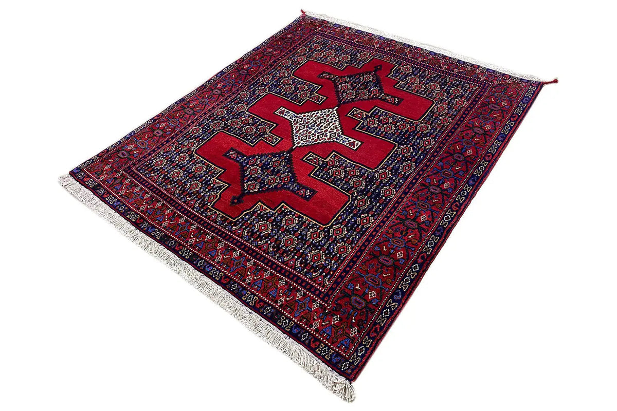 Rug spread out diagonally: red field, blue-framed ornaments, and white fringes along the edges.