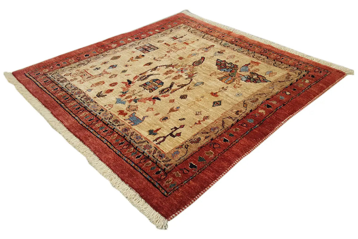 Oriental rug with an almost square appearance, beige background with a red border and ornaments.