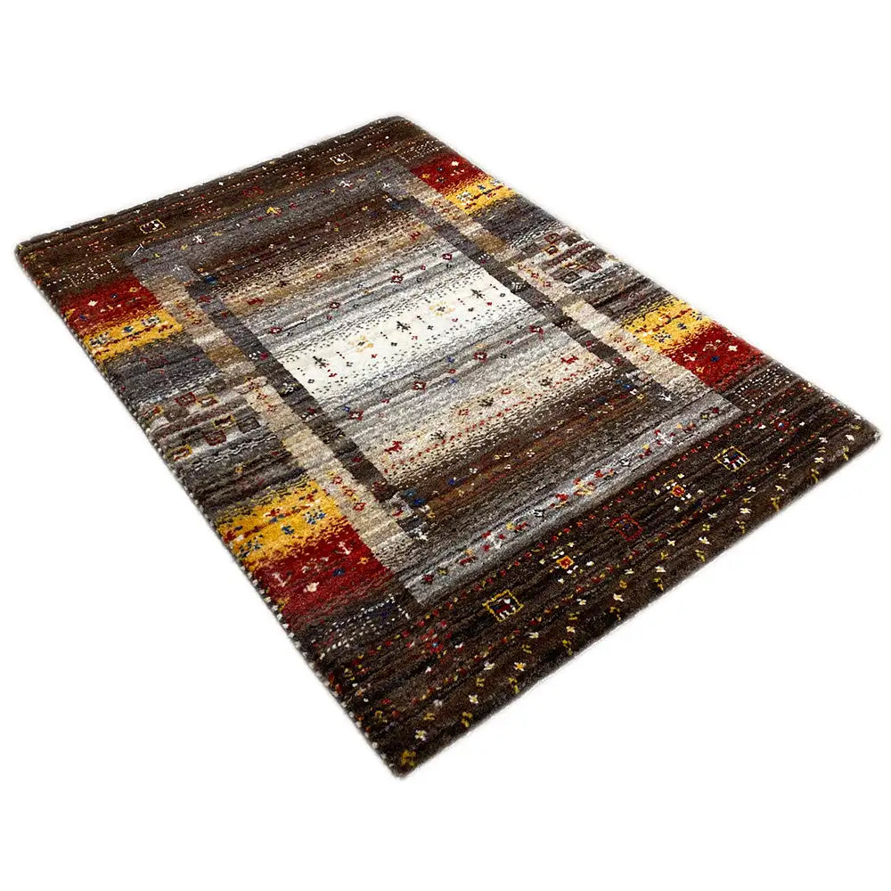 Rectangular Gabbeh rug, mottled gray with red and yellow stripes, patterned